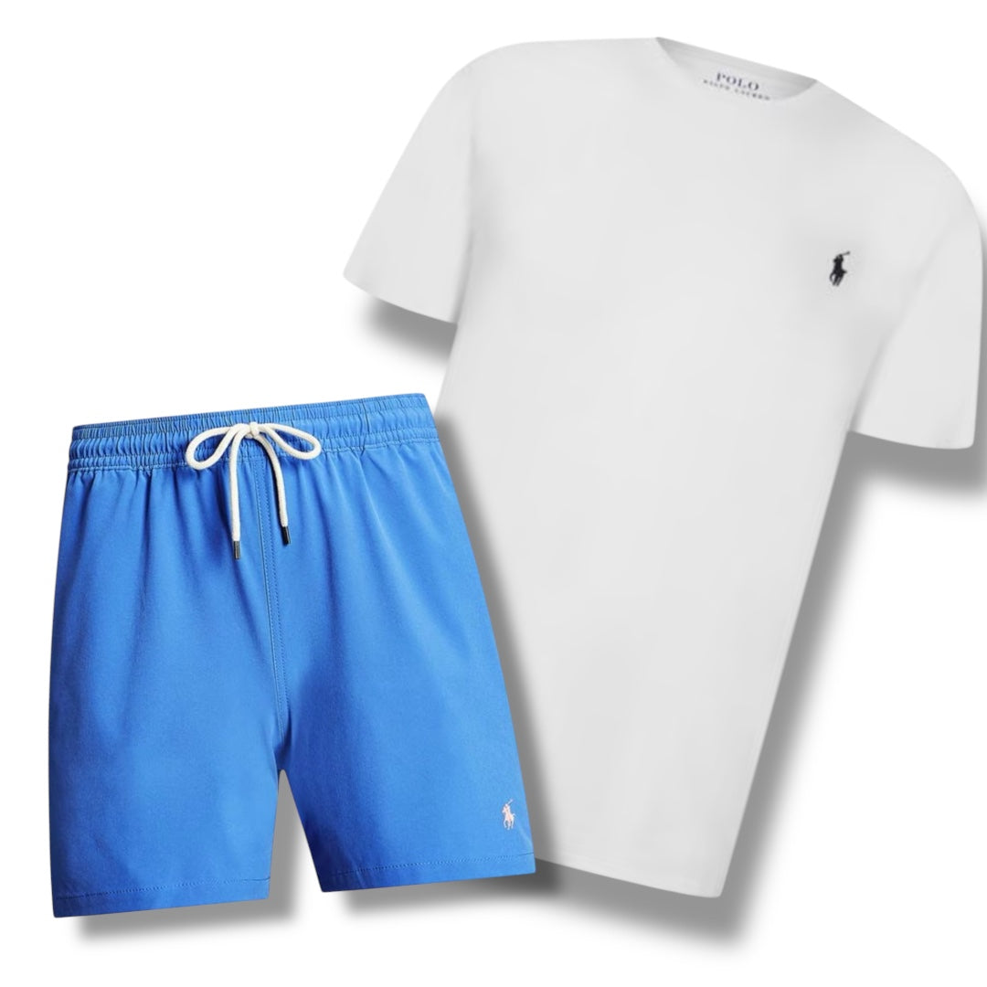 RALPH LAUREN T-SHIRT & SWIM SHORTS COMBO WHITE / BLUE