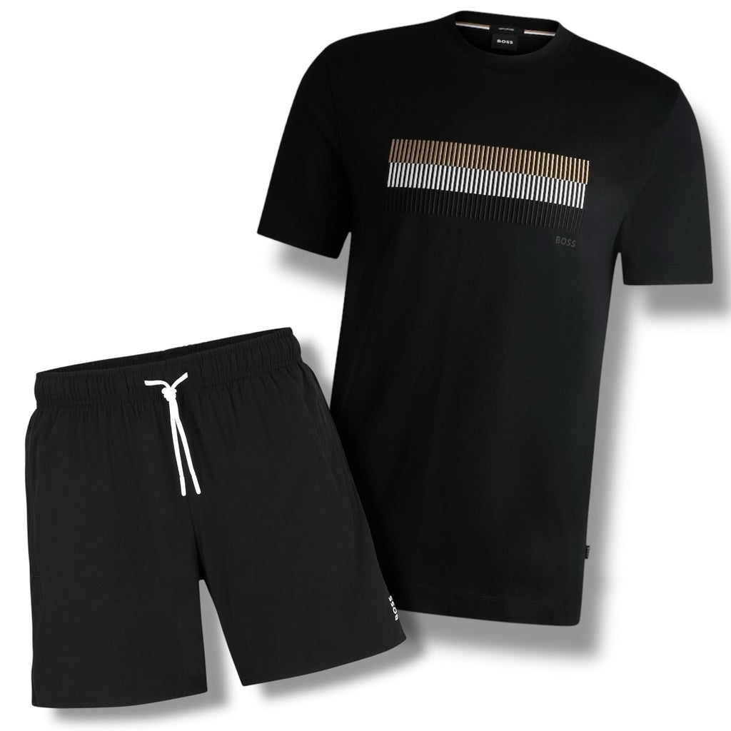 HUGO BOSS TRI STRIPE T-SHIRT & TRI STRIPE SWIM SHORTS SET BLACK