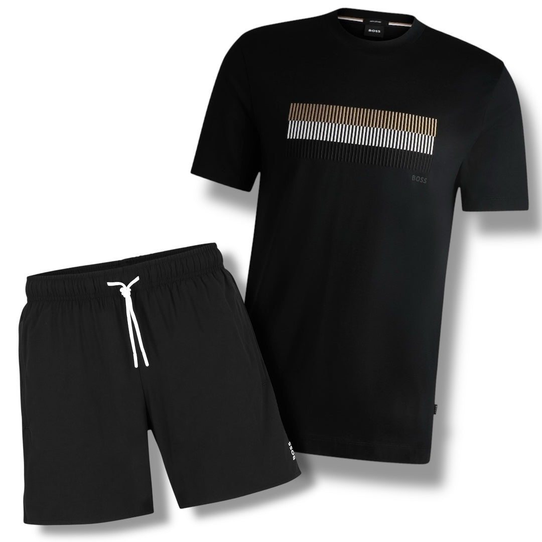 HUGO BOSS TRI STRIPE T-SHIRT & TRI STRIPE SWIM SHORTS SET BLACK