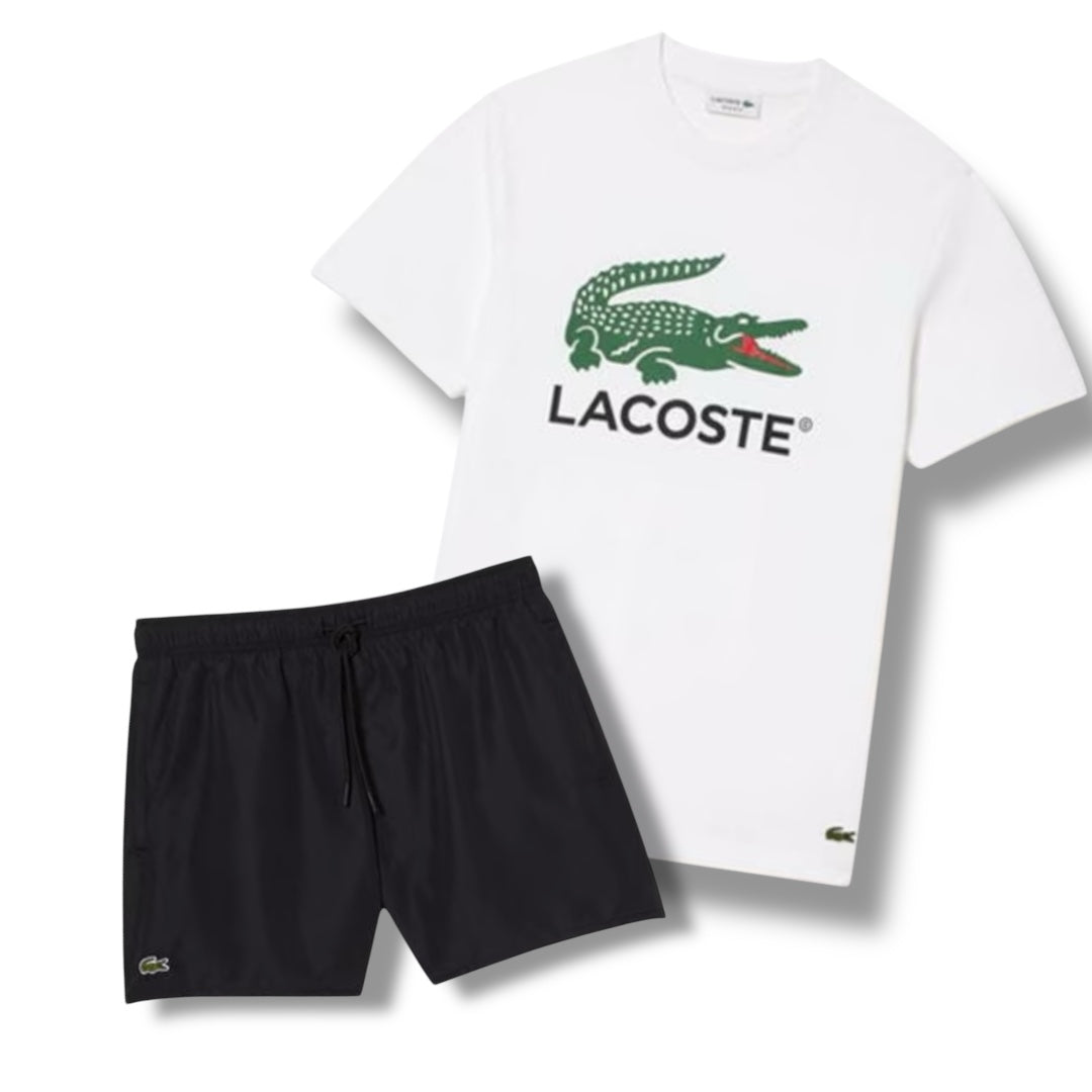 LACOSTE BIG CROC LOGO T-SHIRT & SWIM SHORTS COMBO WHITE / BLACK