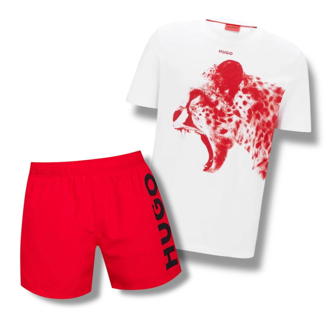 HUGO CHEETAH T-SHIRT & VERTI SWIM SHORTS SET WHITE / RED