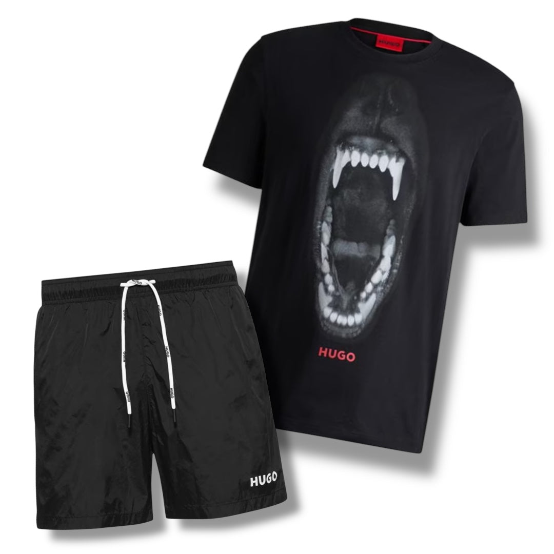 HUGO TEETH T-SHIRT & SWIM SHORTS COMBO BLACK