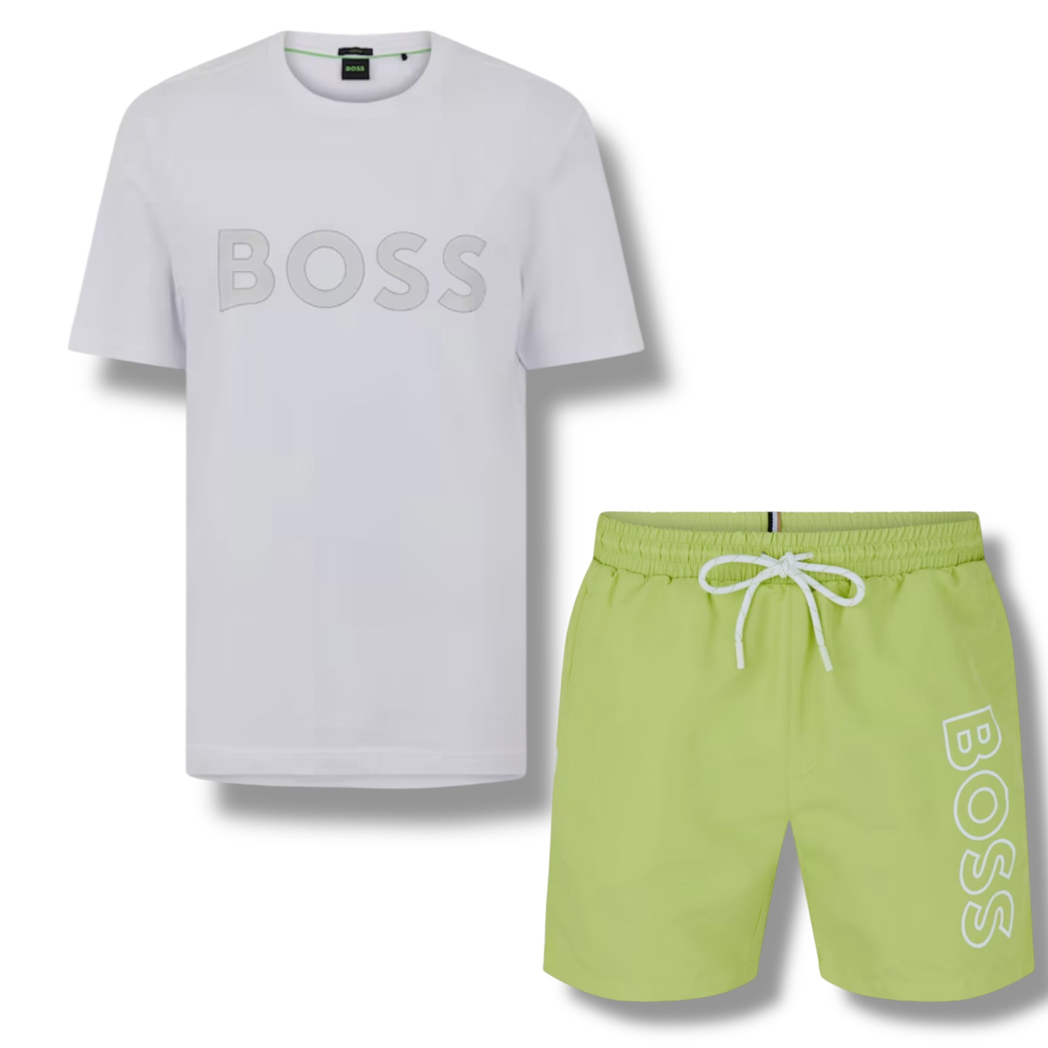 HUGO BOSS CLASSIC LOGO T-SHIRT & SWIM SHORTS SET WHITE & LIME GREEN