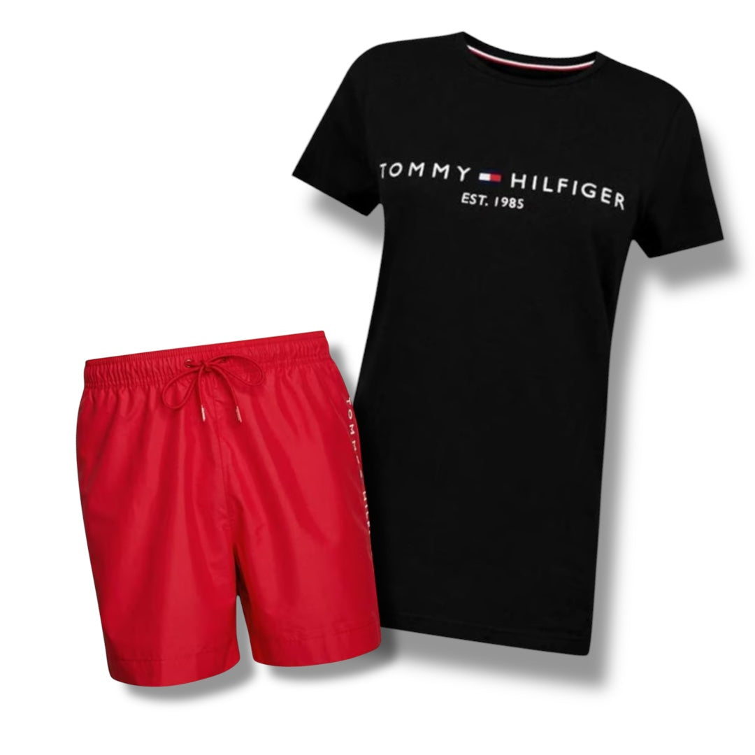 TOMMY HILFIGER EMBROIDERED LOGO T-SHIRT & SWIM SHORTS COMBO BLACK / RED