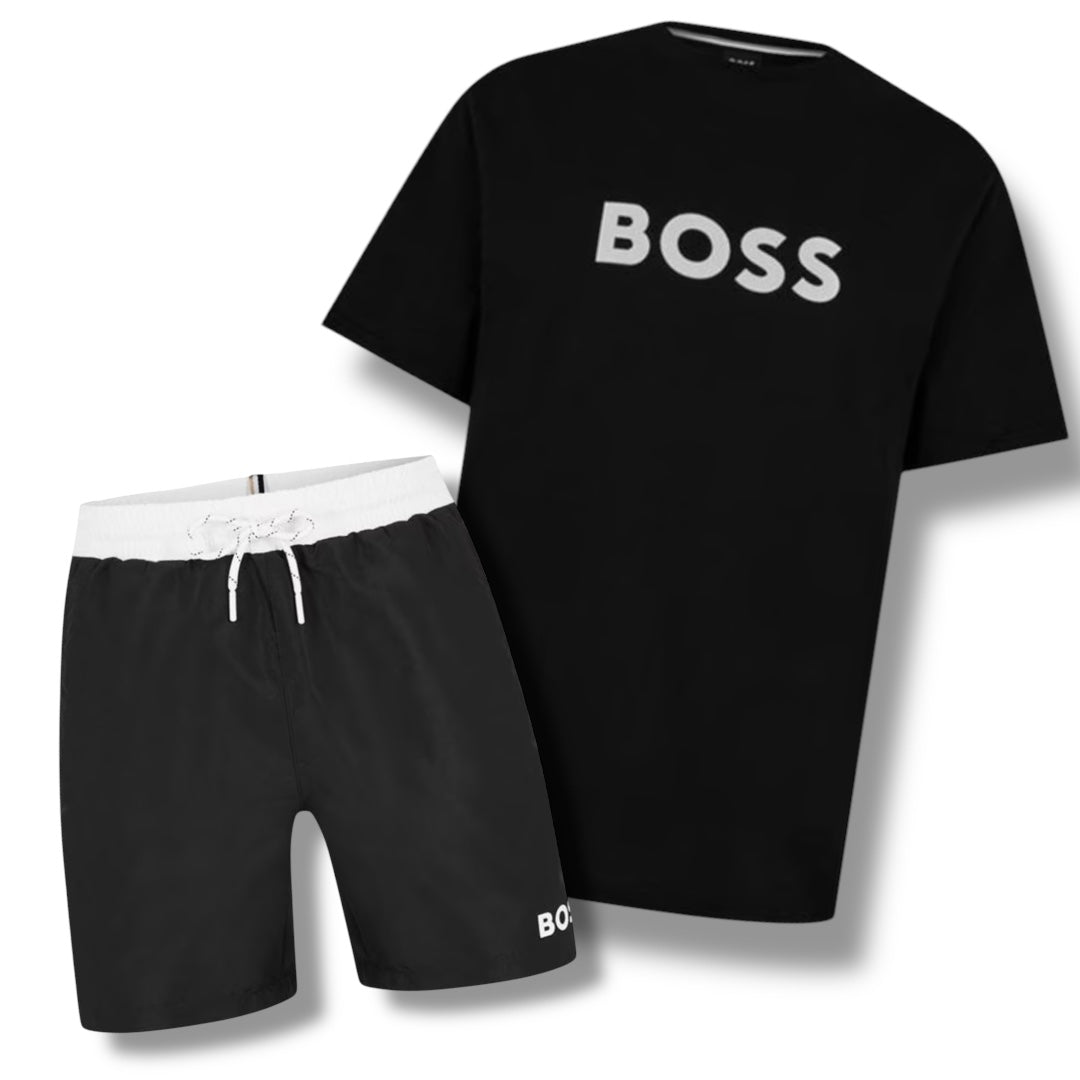 HUGO BOSS BIG LOGO T-SHIRT & SWIM SHORTS COMBO BLACK