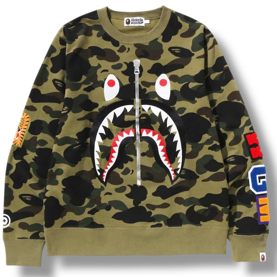 A BATHING APE AAPE BAPE SHARK SWEATSHIRT CAMO GREEN