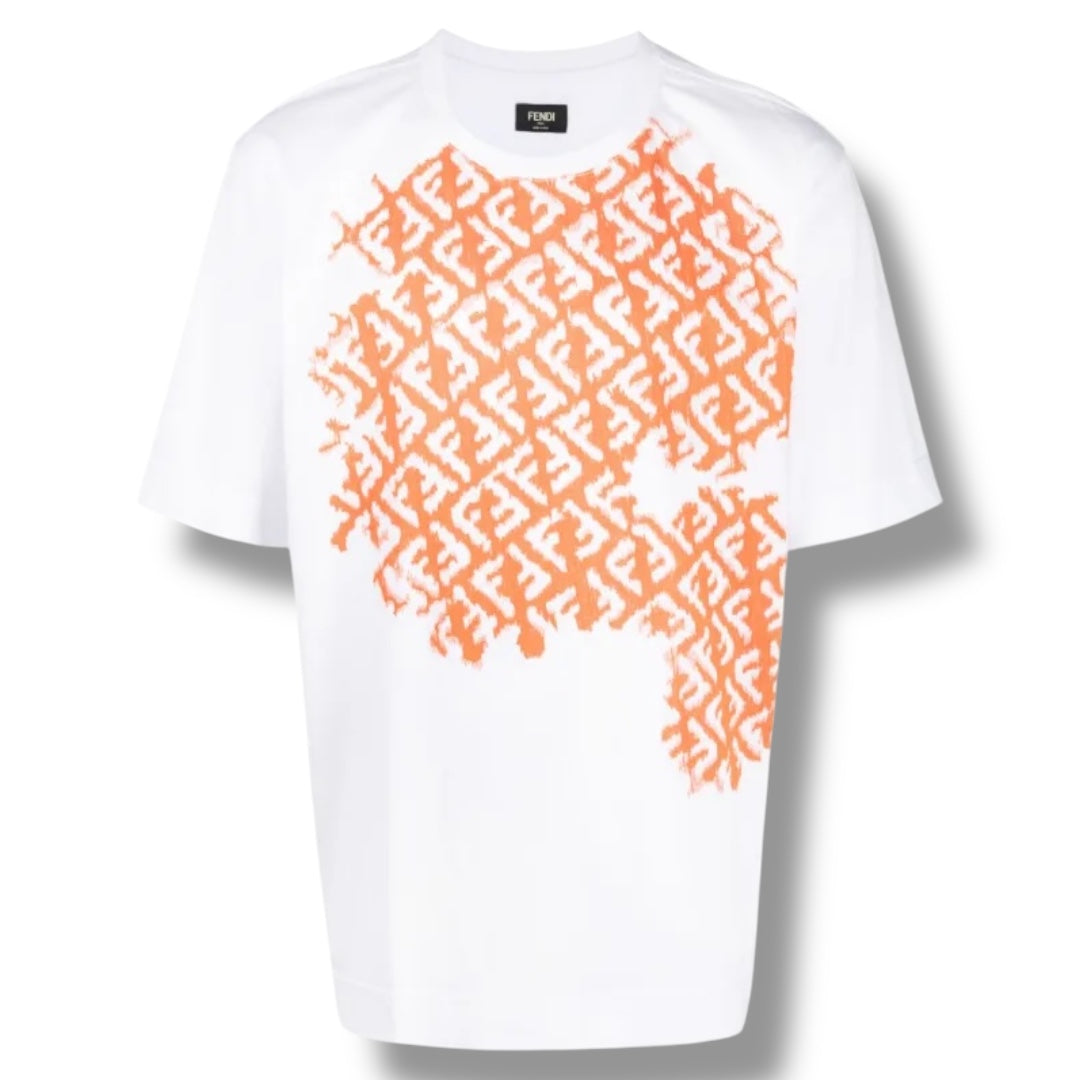 FENDI FF ALL OVER SCRIBBLE EMBROIDERED T-SHIRT WHITE / ORANGE