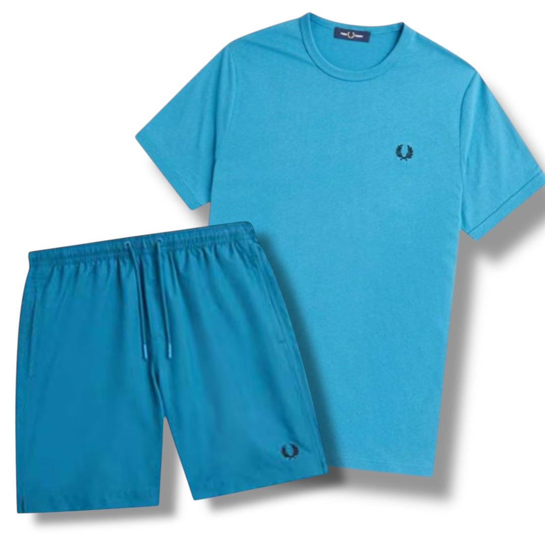 FRED PERRY T-SHIRT & SWIM SHORTS COMBO BRIGHT BLUE