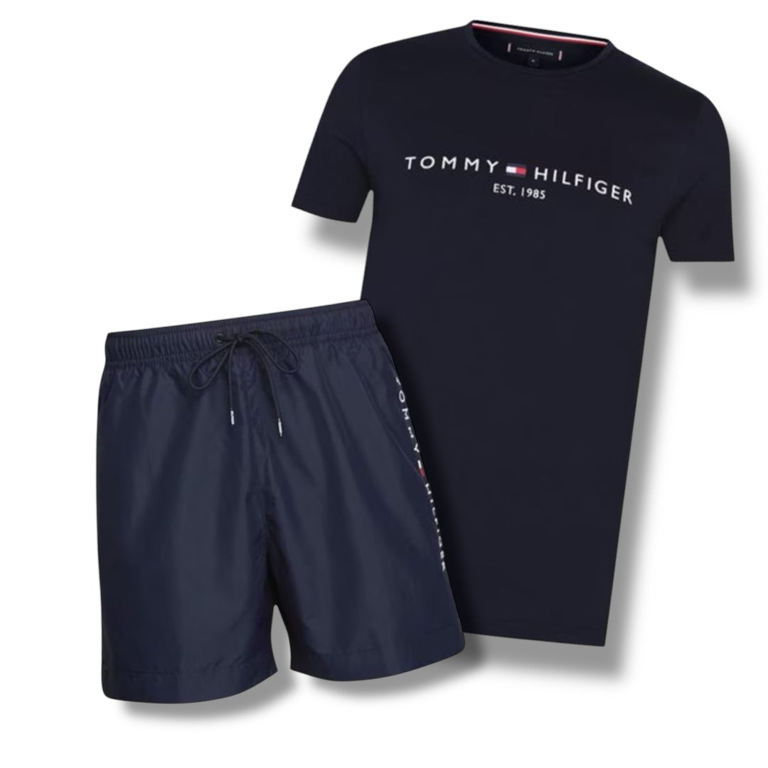 TOMMY HILFIGER EMBROIDERED LOGO T-SHIRT & SWIM SHORTS COMBO NAVY