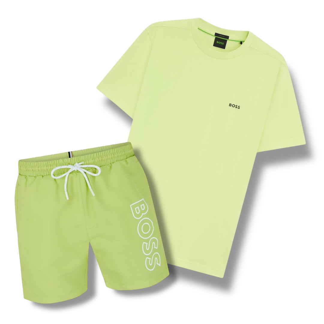 HUGO BOSS SMALL LOGO T-SHIRT & VERTI SWIM SHORTS SET LIME GREEN