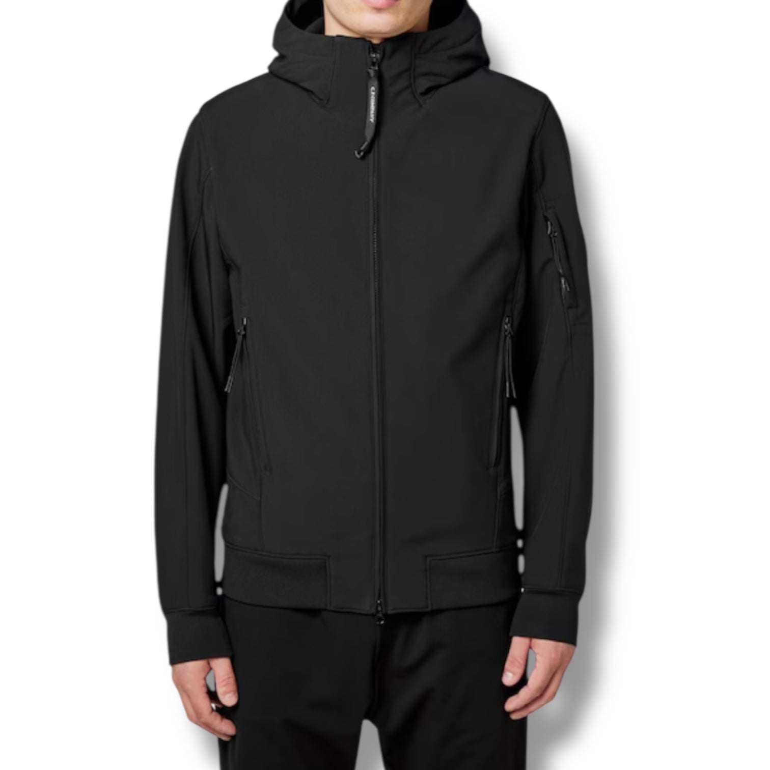 CP COMPANY SOFT SHELL-R HOODED LENS JACKET BLACK