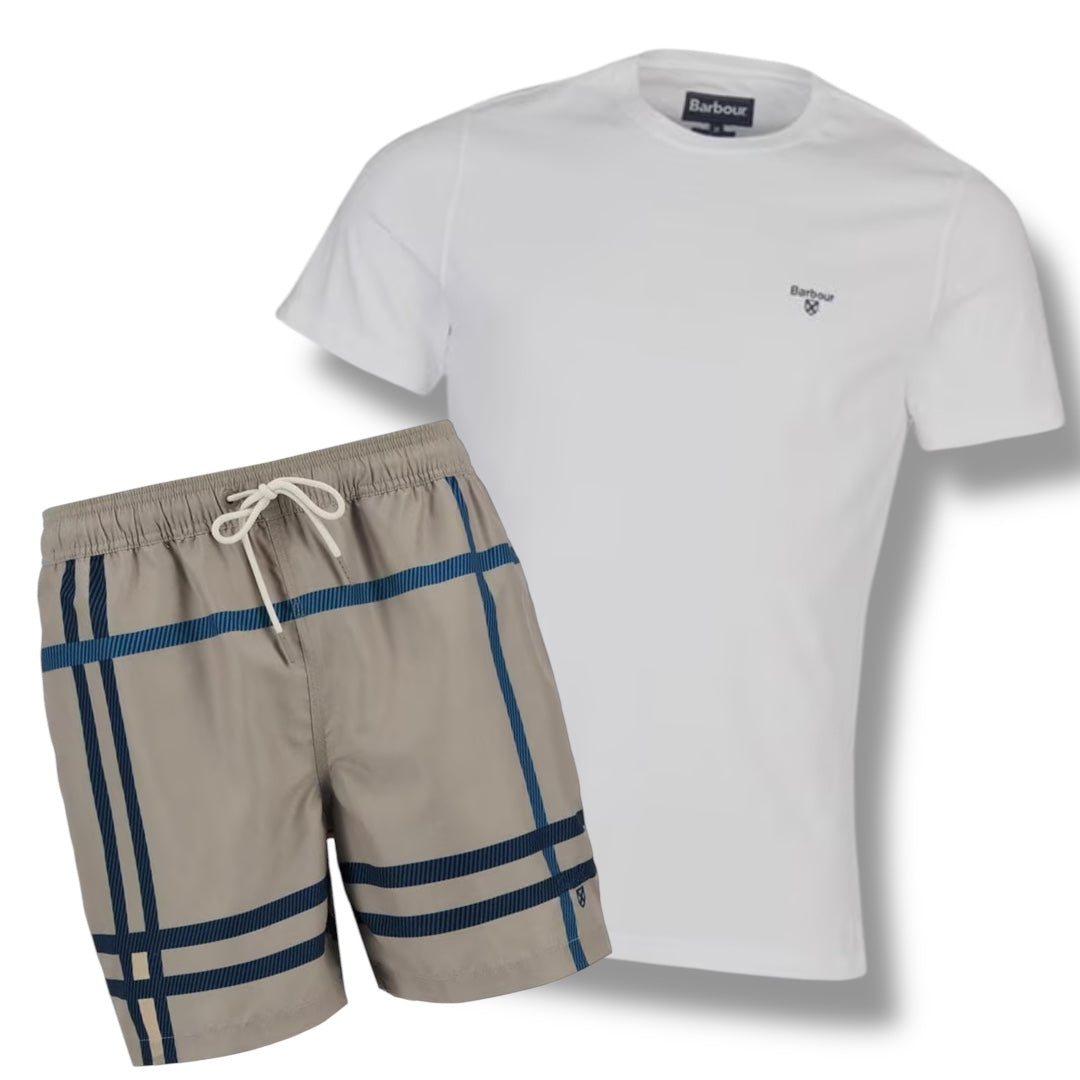BARBOUR SMALL LOGO T-SHIRT & SWIM SHORTS COMBO WHITE - STONE CHECK