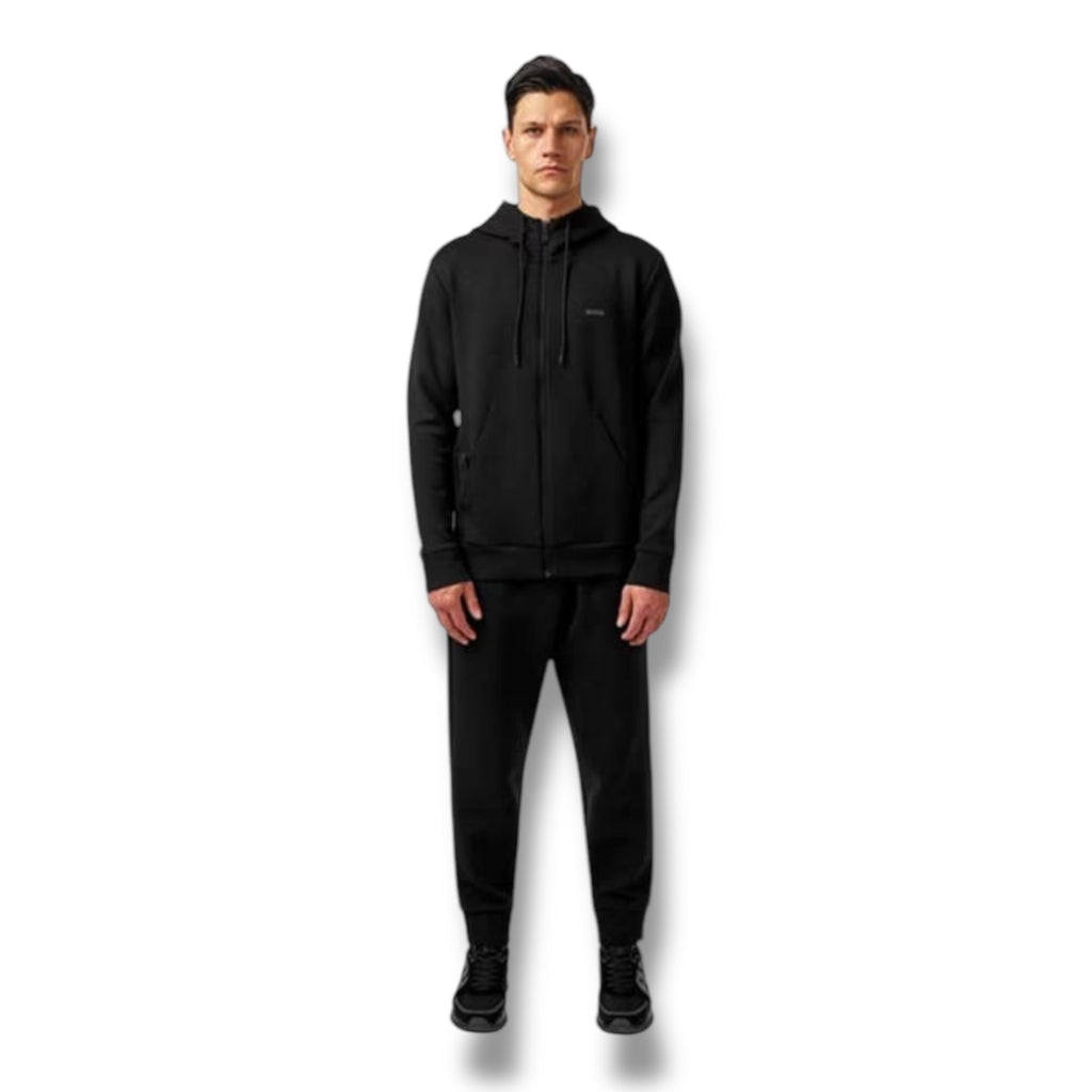 HUGO BOSS CURVED LOGO FULL ZIP HOODED TRACKSUIT BLACK