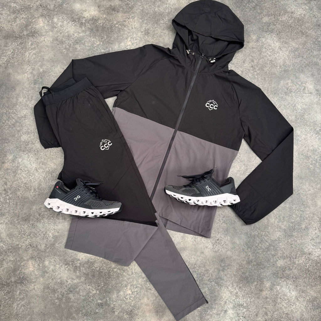 CCC ACTIVEWEAR HOODED FULL TECH TRACKSUIT MOUNTAIN LOGO BLACK / GREY