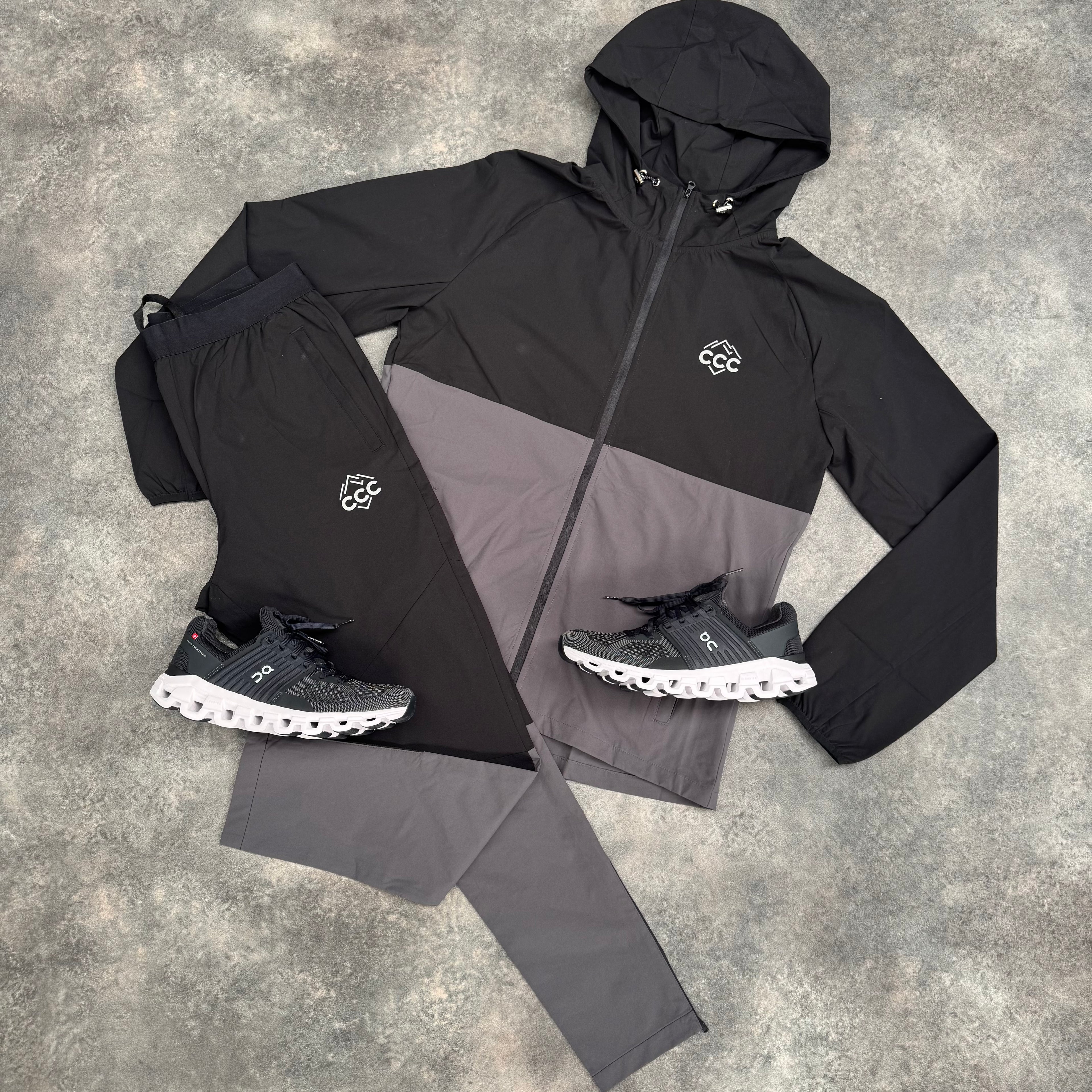CCC ACTIVEWEAR HOODED FULL TECH TRACKSUIT MOUNTAIN LOGO BLACK / GREY