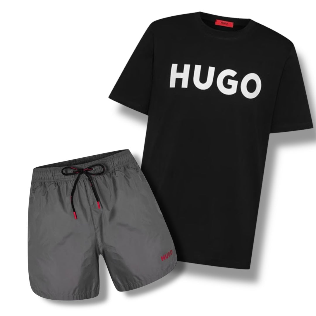 HUGO BIG LOGOT-SHIRT & SWIM SHORTS COMBO BLACK / GREY
