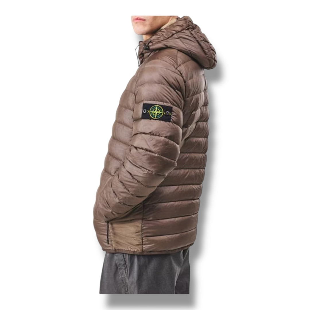 STONE ISLAND LOOM WOVEN HOODED PUFFER JACKET NOCE BROWN