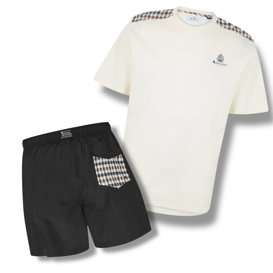 AQUASCUTUM SHOULDER TRIM T-SHIRT & SWIM SHORTS SET BACK POCKET WHITE / BLACK