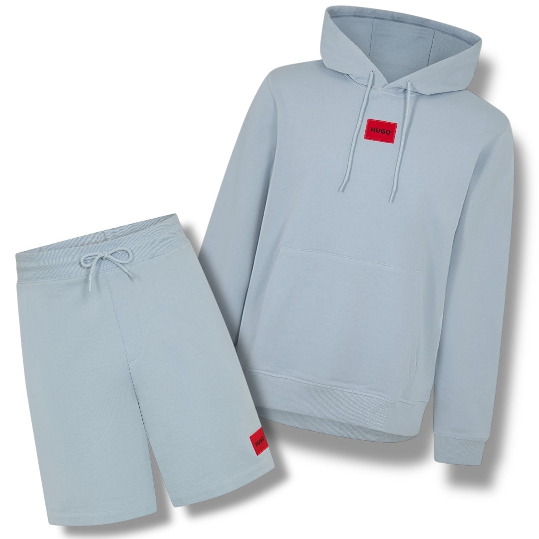 HUGO BOSS HUGO RED PATCH HOODIE & JERSEY SHORTS SET LIGHT BLUE