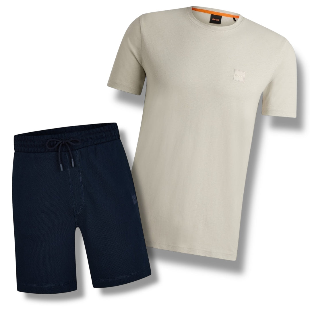 HUGO BOSS PATCH T-SHIRT & JERSEY SHORTS SET BEIGE & NAVY BLUE