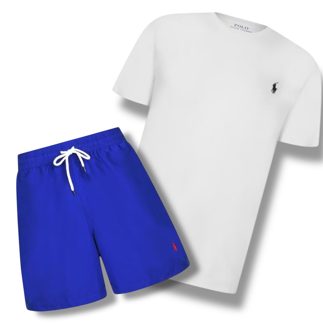 RALPH LAUREN T-SHIRT & SWIM SHORTS COMBO WHITE / ROYAL BLUE