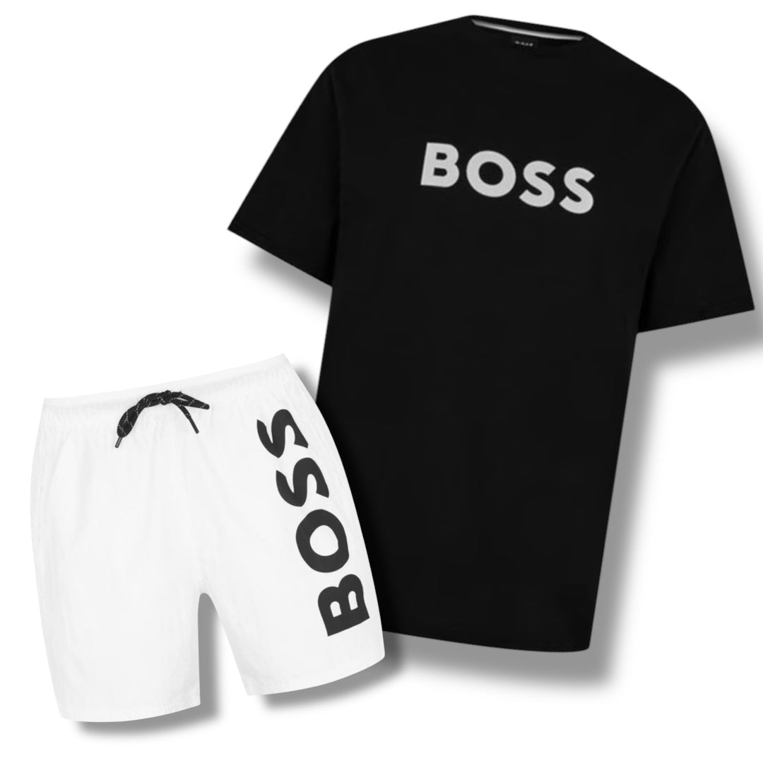 HUGO BOSS BIG LOGO T-SHIRT & VERTI SWIM SHORTS COMBO BLACK / WHITE
