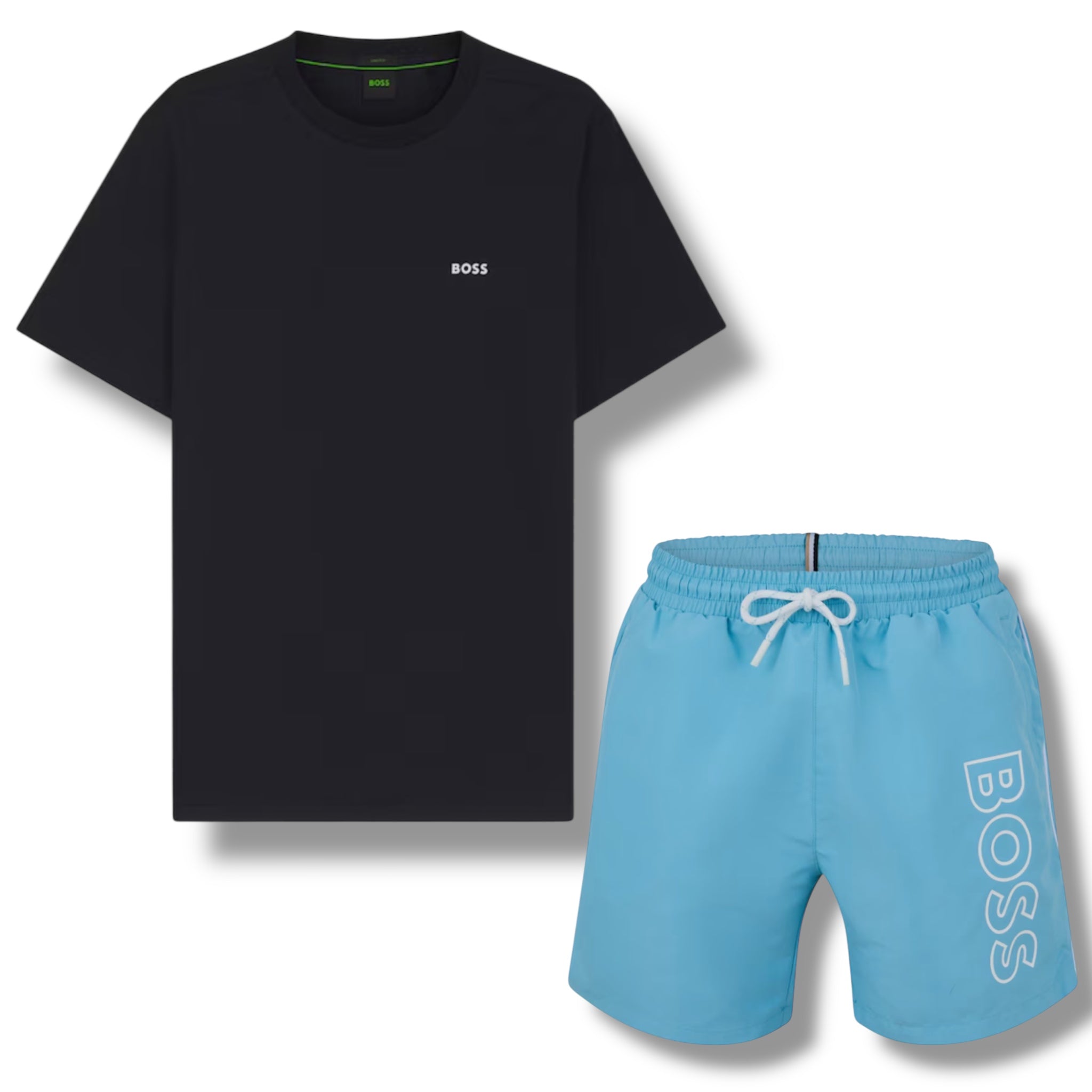 HUGO BOSS SMALL LOGO T-SHIRT & VERTI SWIM SHORTS SET NAVY & AQUA BLUE