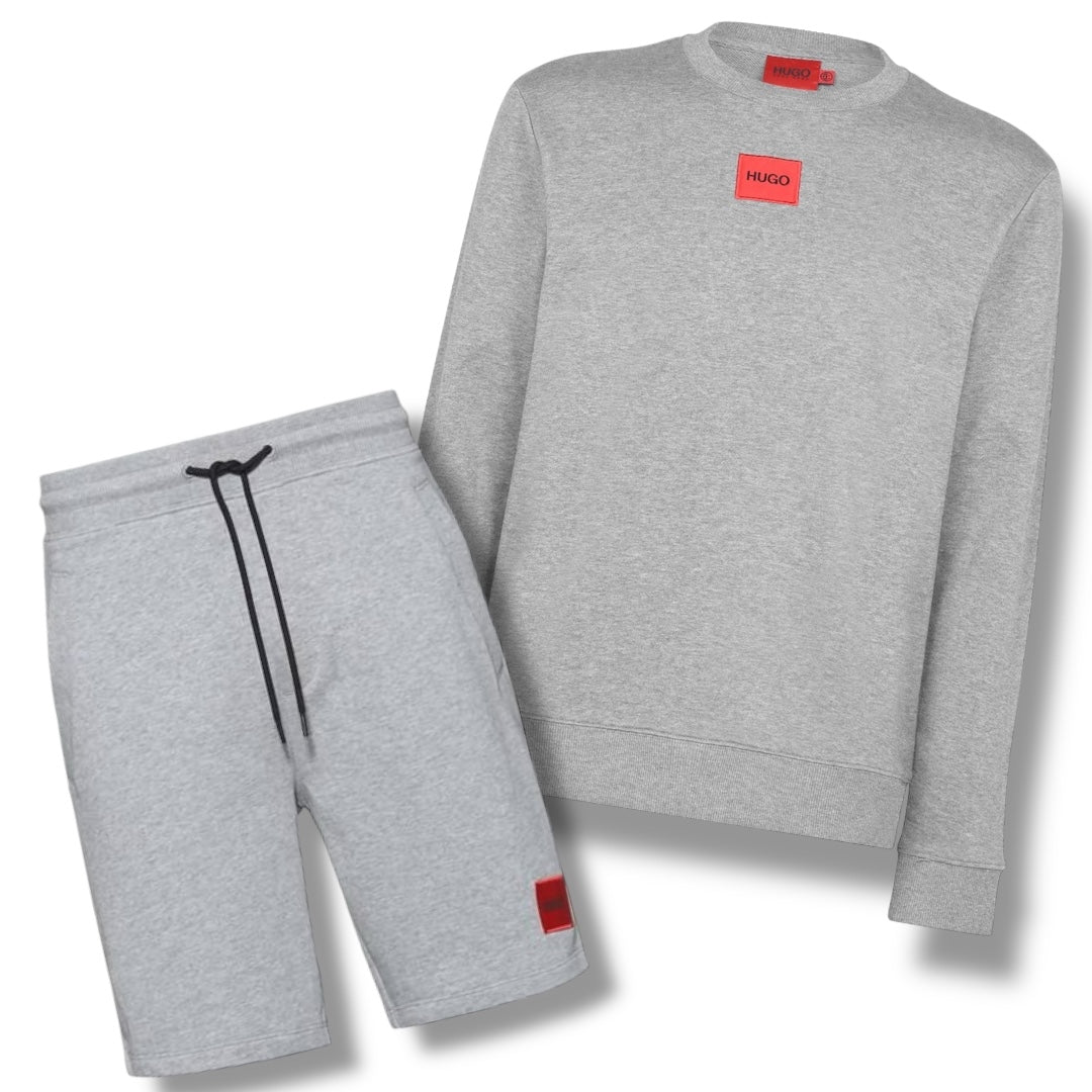 HUGO BOSS HUGO RED PATCH SWEATSHIRT & JERSEY SHORTS SET LIGHT GREY