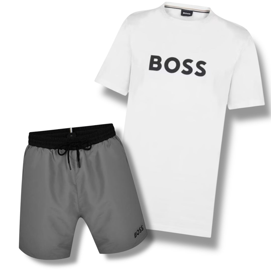 HUGO BOSS BIG LOGO T-SHIRT & SWIM SHORTS COMBO WHITE / GREY