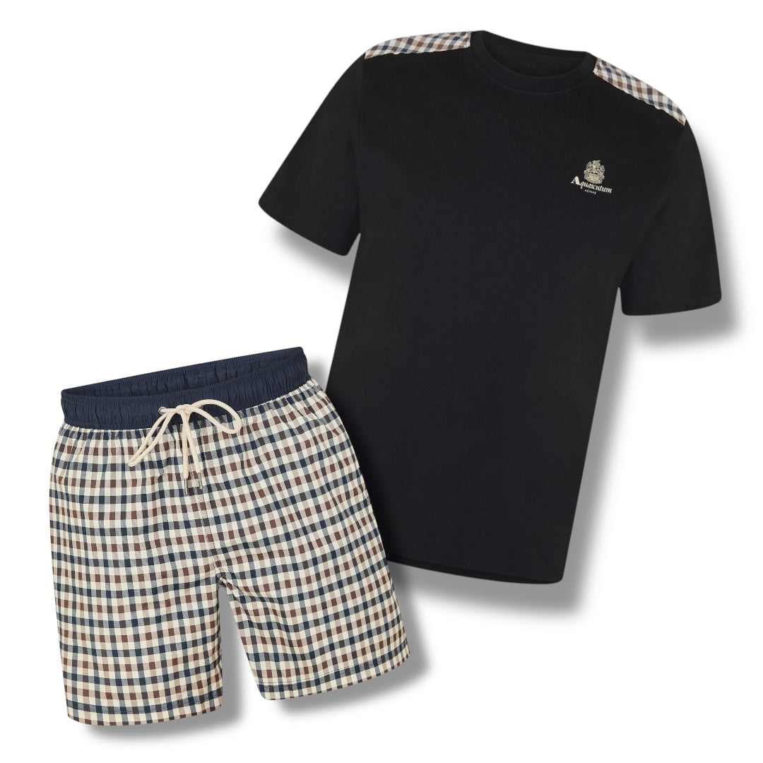 AQUASCUTUM SHOULDER TRIM T-SHIRT & SWIM SHORTS SET SMALL CHECK BLACK