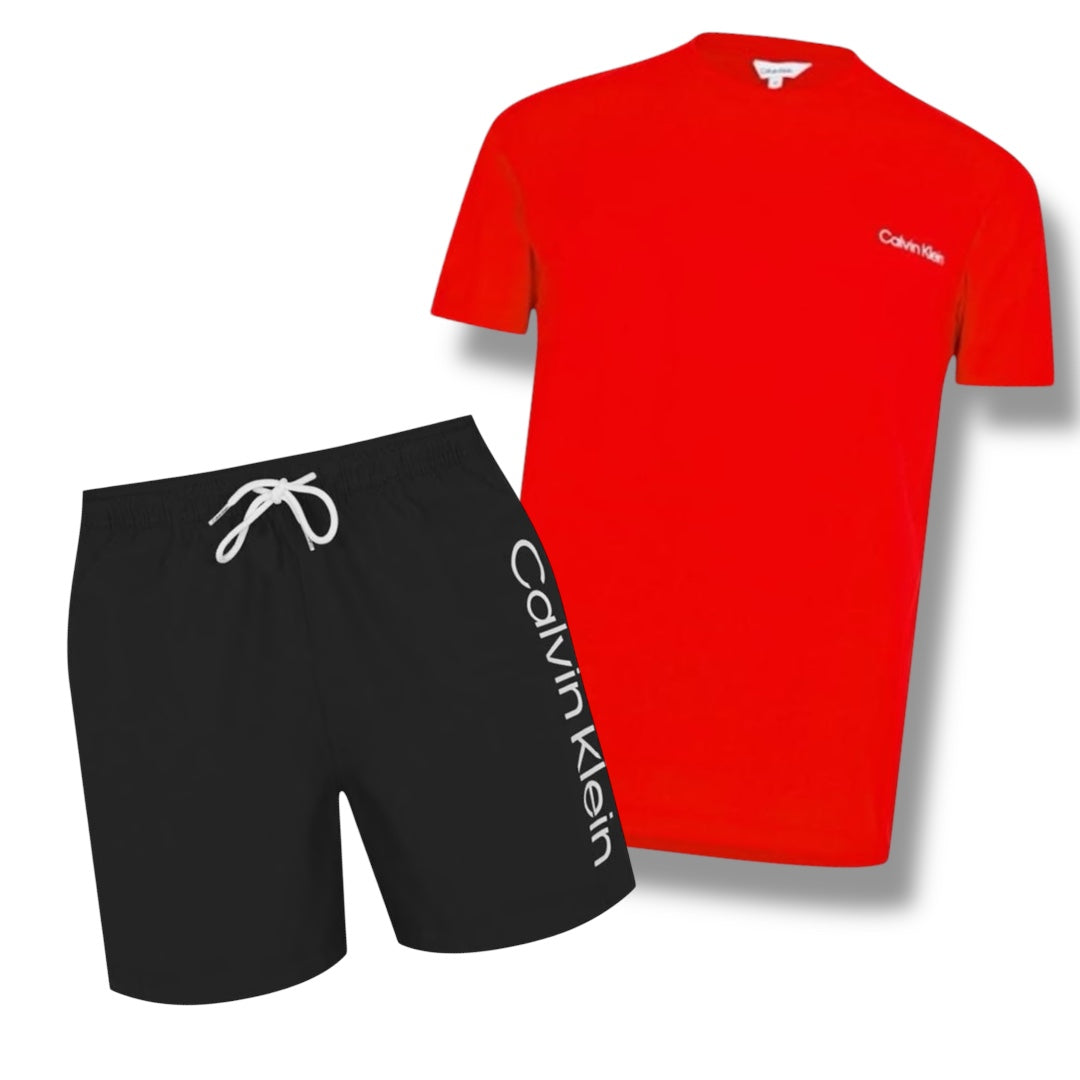 CALVIN KLEIN T-SHIRT & SWIM SHORTS COMBO RED / BLACK