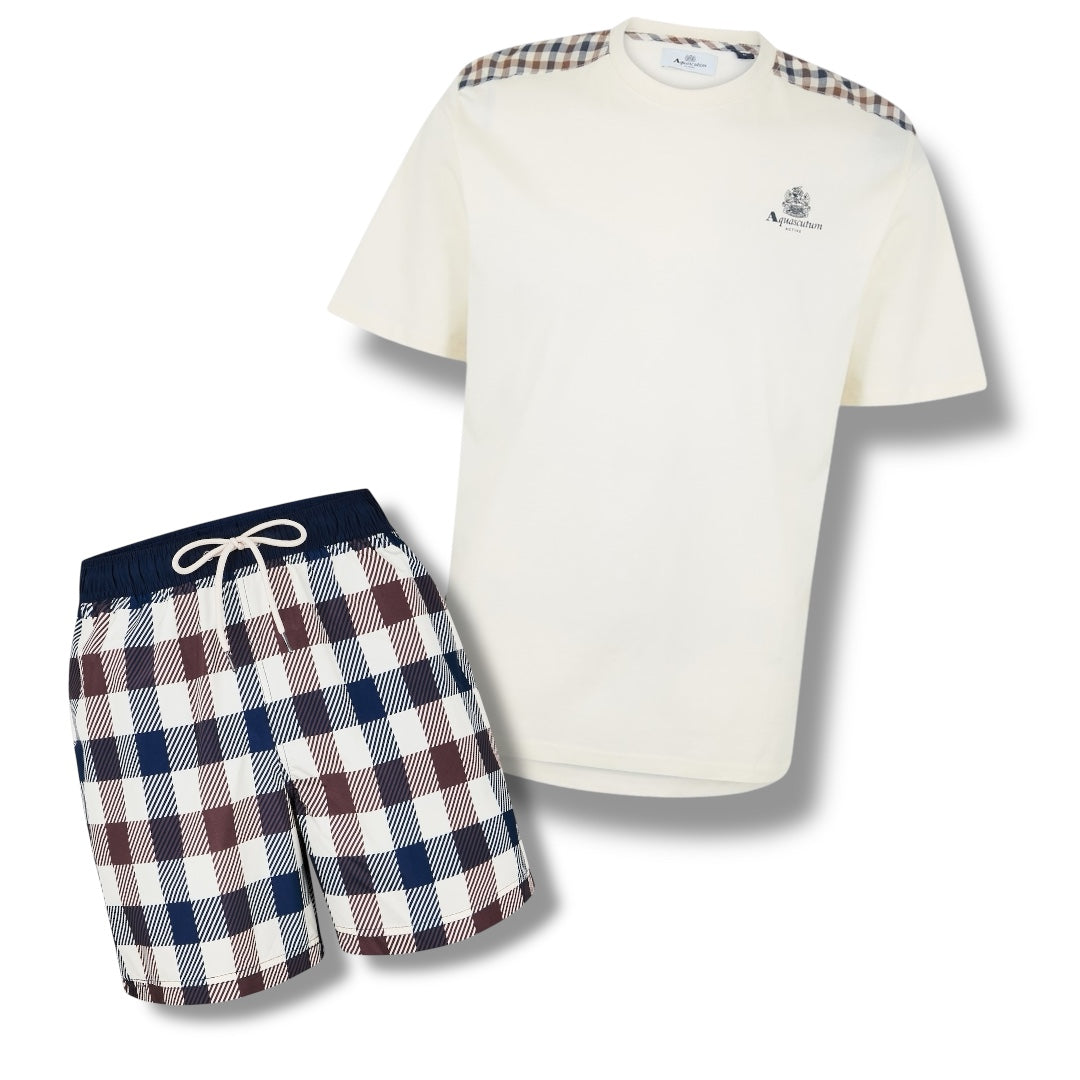 AQUASCUTUM SHOULDER TRIM T-SHIRT & SWIM SHORTS SET BIG CHECK WHITE