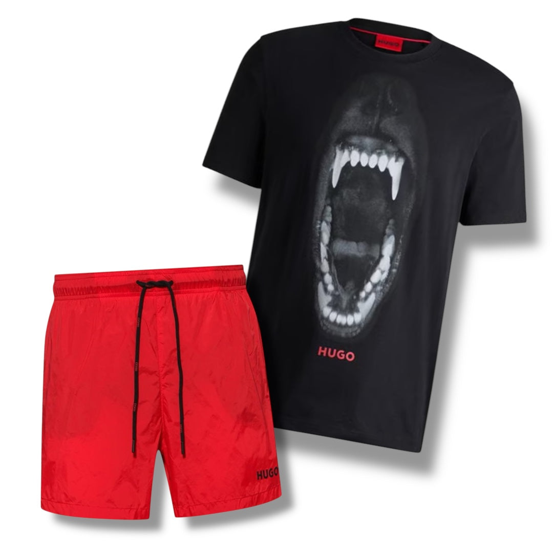 HUGO TEETH T-SHIRT & SWIM SHORTS COMBO BLACK / RED