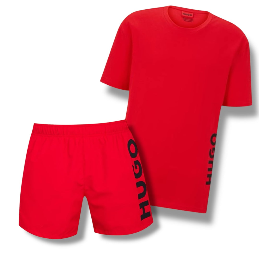 HUGO VERTI LOGO T-SHIRT & VERTI SWIM SHORTS COMBO RED