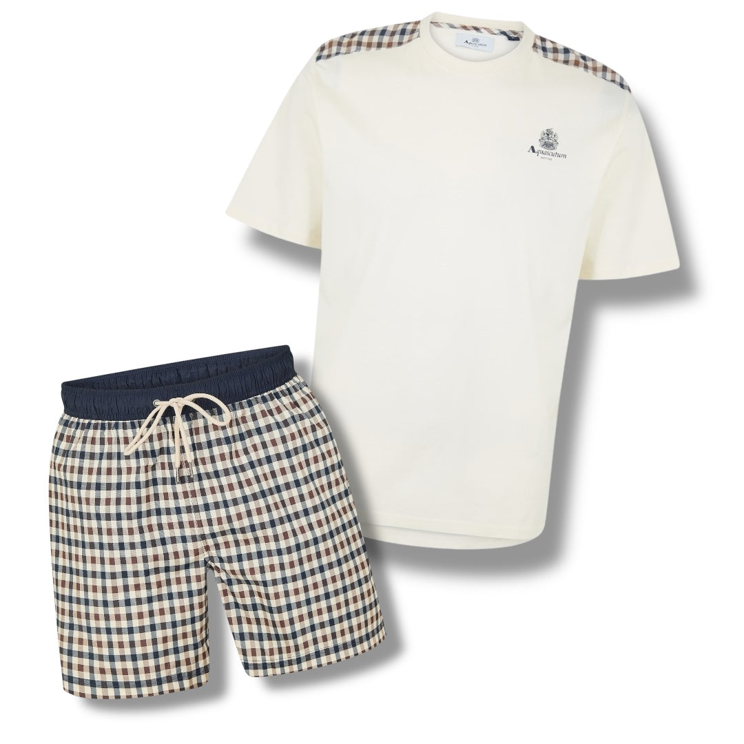 AQUASCUTUM SHOULDER TRIM T-SHIRT & SWIM SHORTS SET SMALL CHECK WHITE