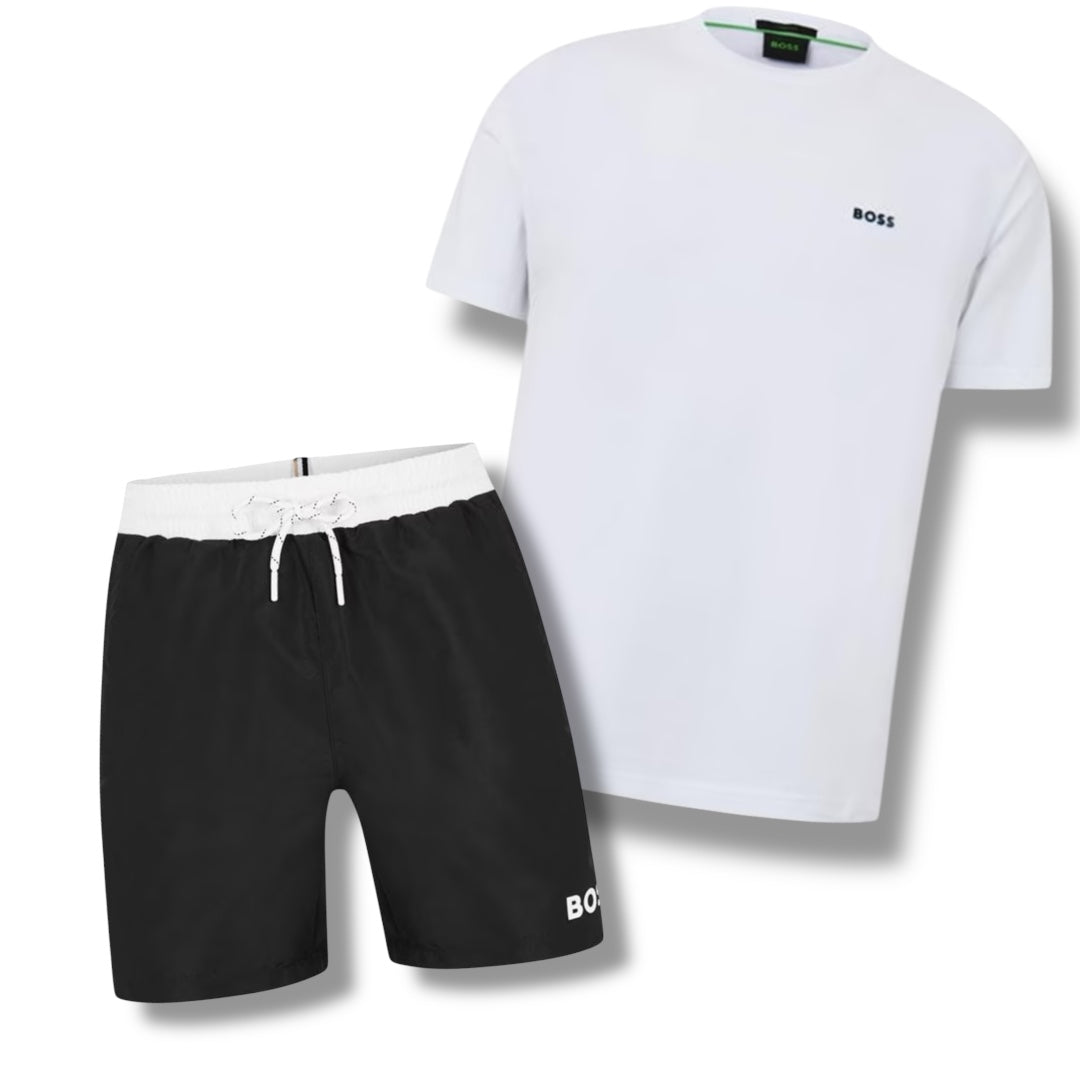 HUGO BOSS SMALL LOGO T-SHIRT & SWIM SHORTS COMBO WHITE / BLACK
