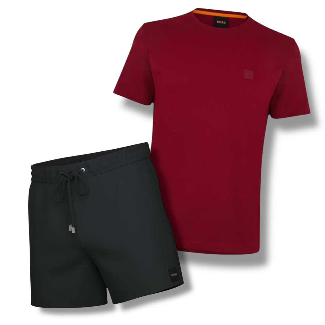 HUGO BOSS PATCH LOGO T-SHIRT & SWIM SHORTS COMBO RED / BLACK