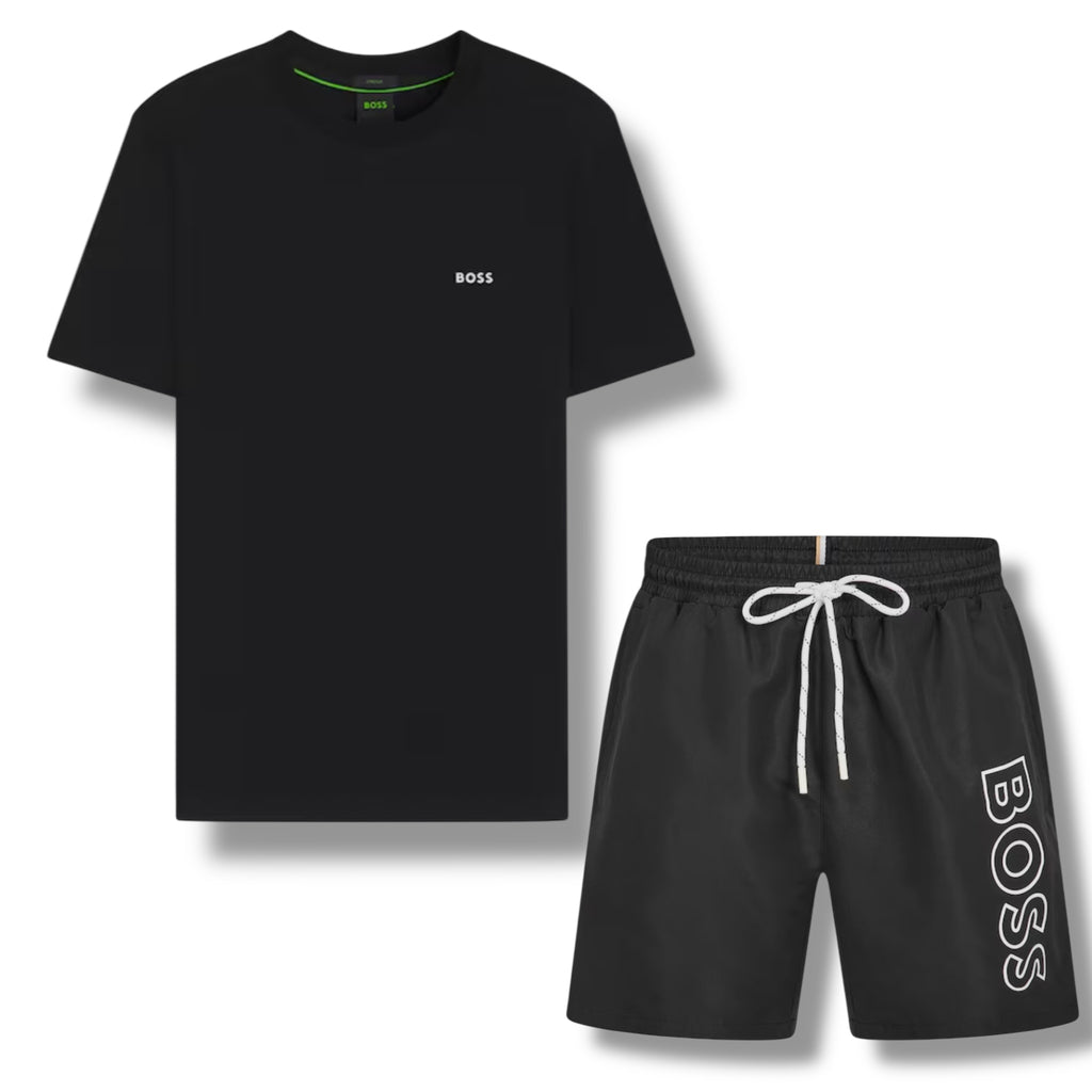 HUGO BOSS SMALL LOGO T-SHIRT & VERTI SWIM SHORTS SET BLACK