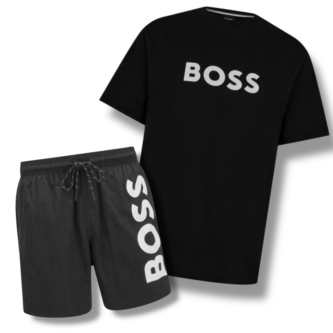 HUGO BOSS BIG LOGO T-SHIRT & VERTI SWIM SHORTS COMBO BLACK