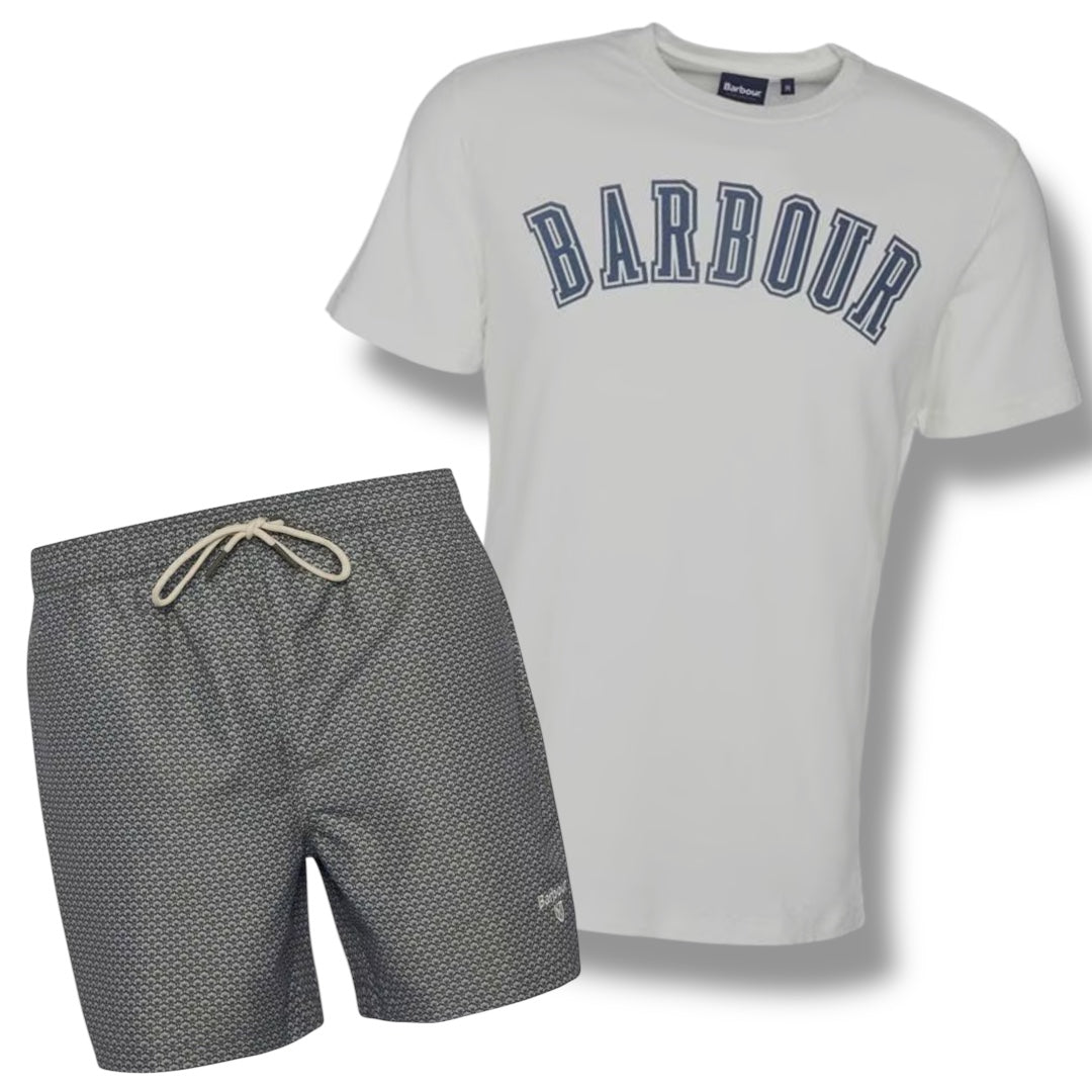 BARBOUR SMALL LOGO T-SHIRT & SWIM SHORTS COMBO WHITE - OLIVE SHELL
