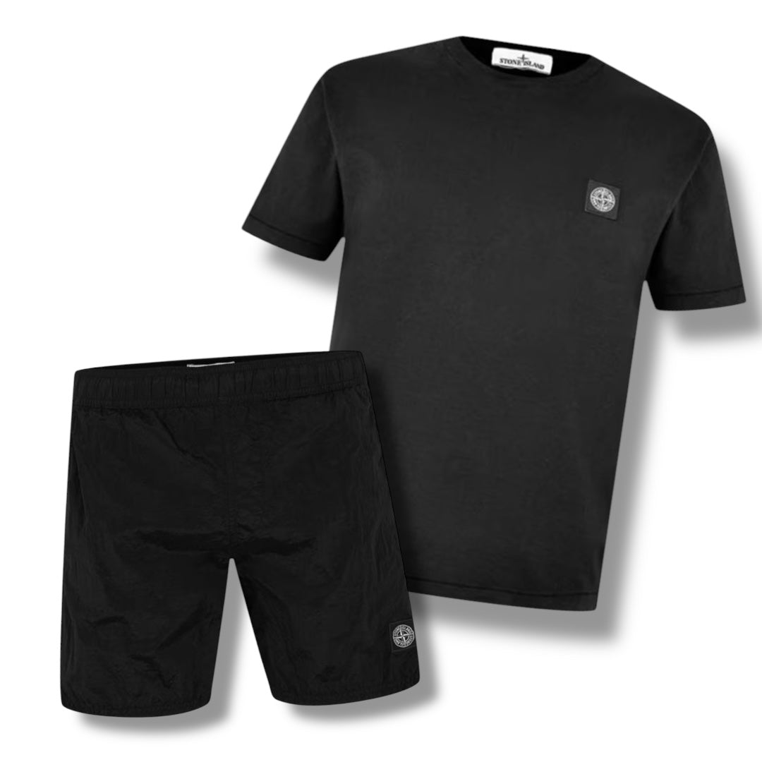 STONE ISLAND PATCH LOGO T-SHIRT & NYLON METAL SWIM SHORTS COMBO BLACK