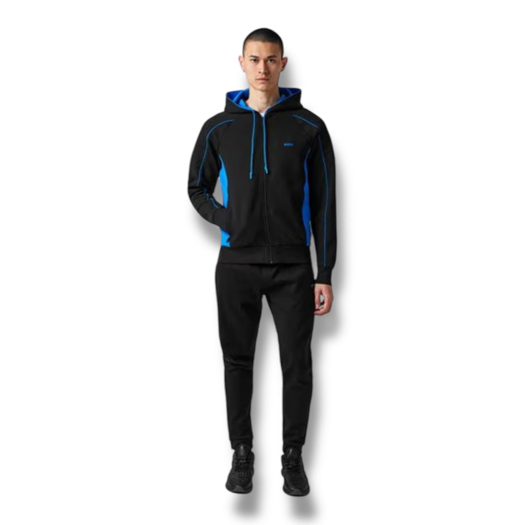 HUGO BOSS LOGO FULL ZIP HOODED TRACKSUIT BLACK / BLUE