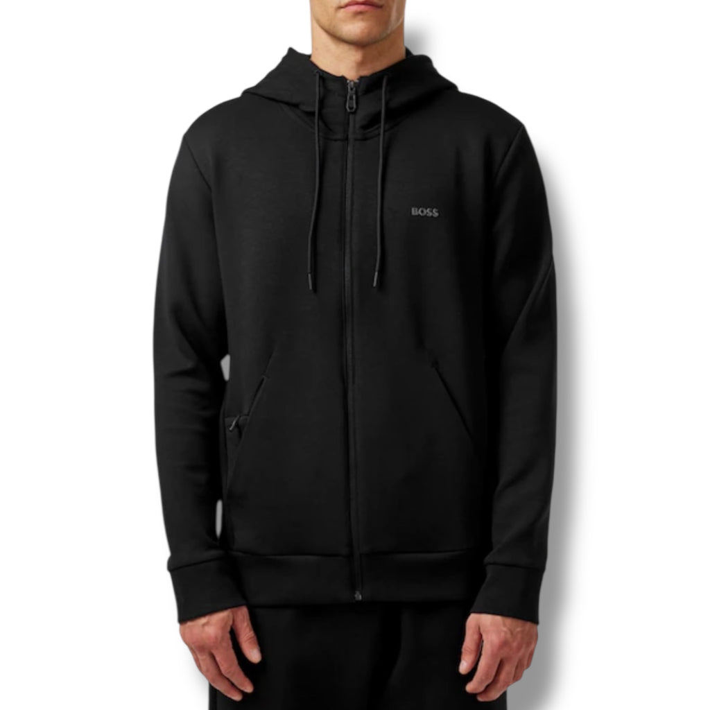HUGO BOSS CURVED LOGO FULL ZIP HOODED TRACKSUIT BLACK