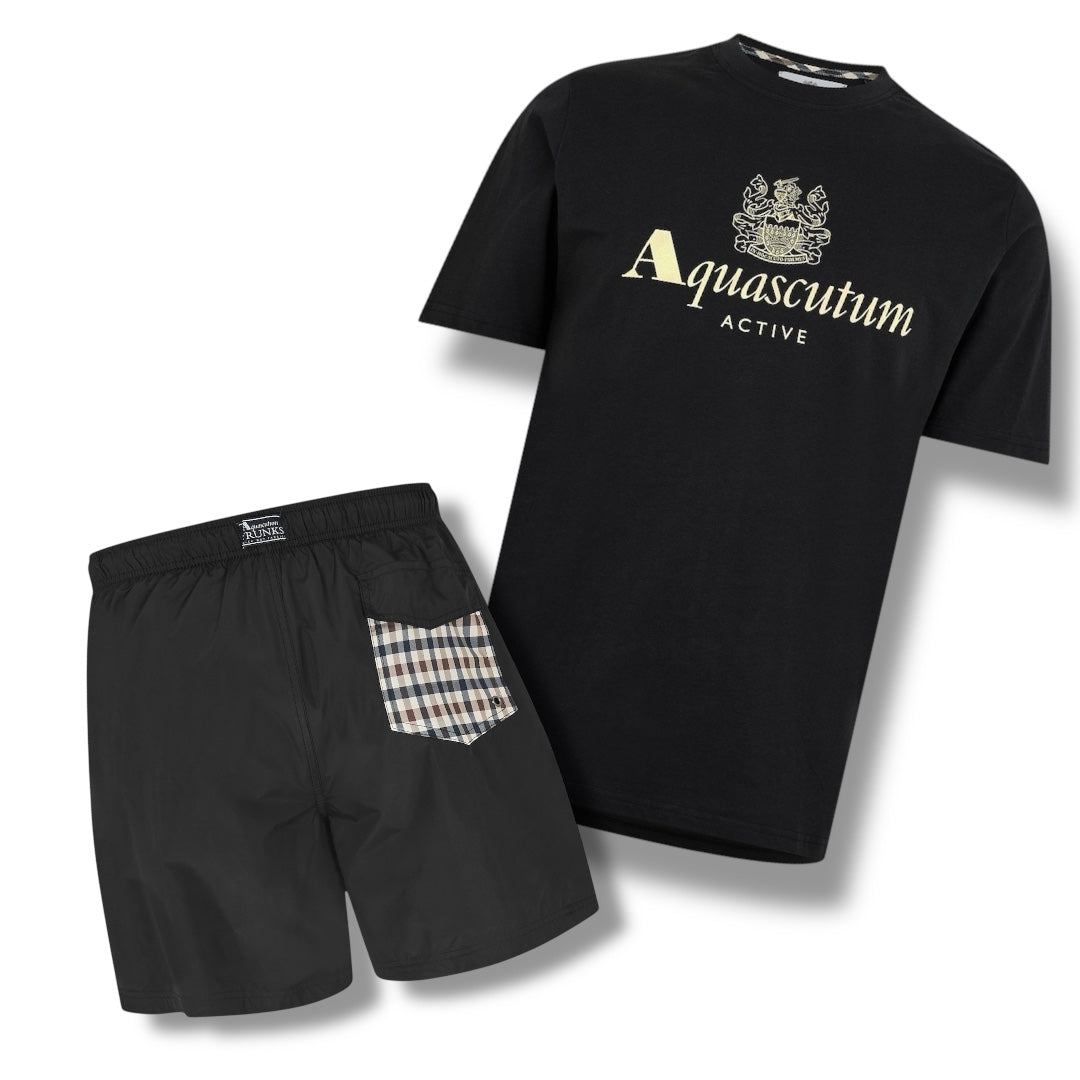 AQUASCUTUM BIG LOGO T-SHIRT & SWIM SHORTS SET BACK POCKET BLACK