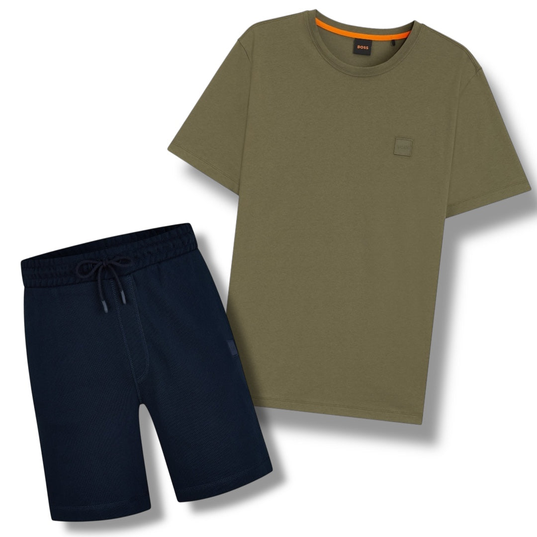 HUGO BOSS PATCH T-SHIRT & JERSEY SHORTS SET KHAKI GREEN & NAVY BLUE
