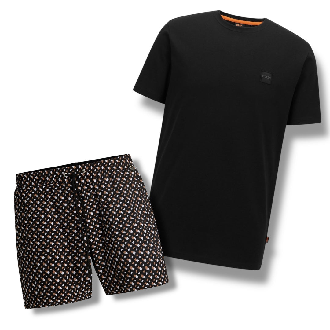 HUGO BOSS PATCH T-SHIRT & ALL OVER LOGO SWIM SHORTS SET BLACK