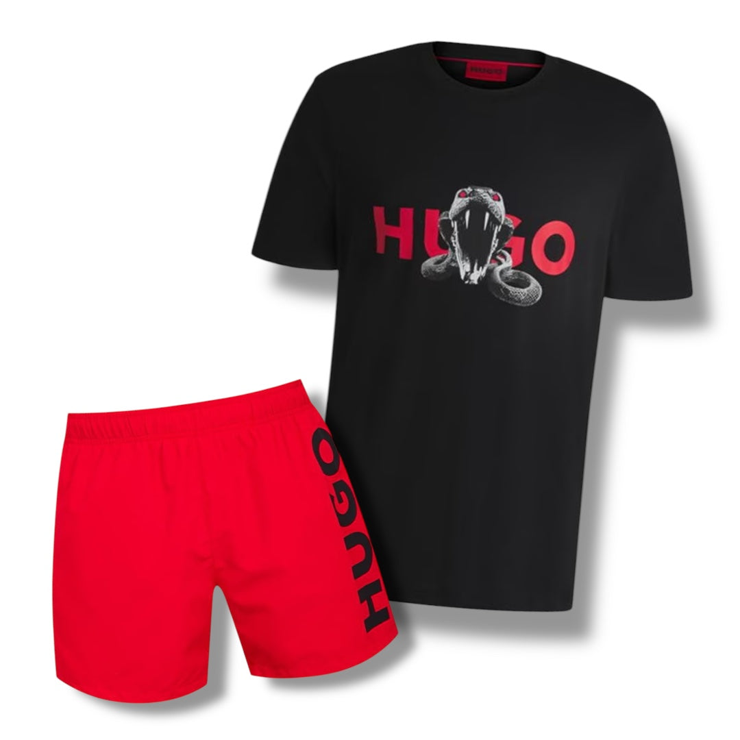 HUGO SNAKE T-SHIRT & VERTI SWIM SHORTS COMBO BLACK / RED
