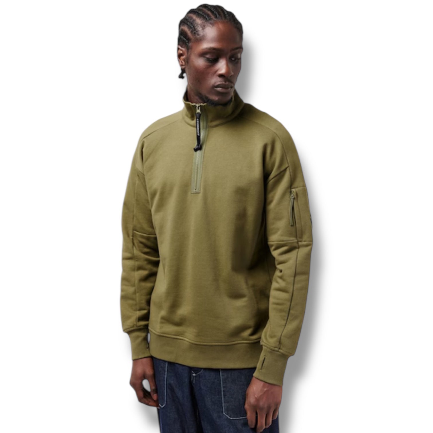 CP COMPANY LENS ARM 1/4 ZIP SWEATSHIRT CAPERS GREEN
