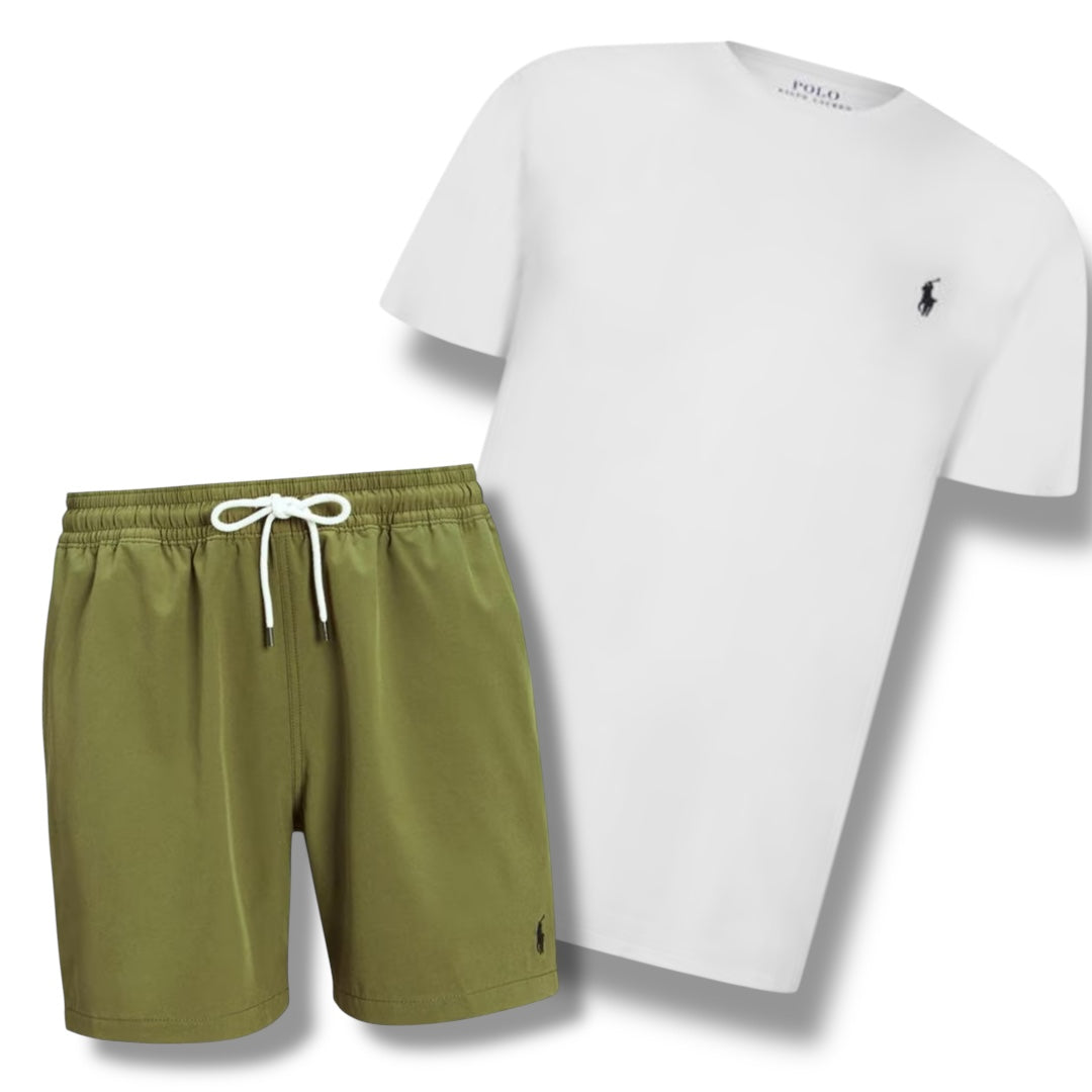 RALPH LAUREN T-SHIRT & SWIM SHORTS COMBO WHITE / KHAKI GREEN