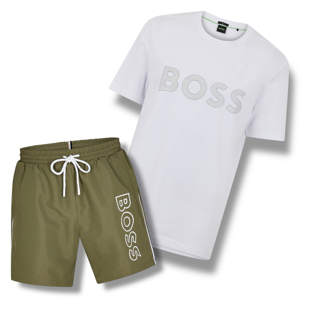 HUGO BOSS CLASSIC LOGO T-SHIRT & SWIM SHORTS SET WHITE & KHAKI GREEN